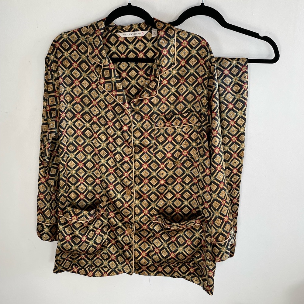 Vintage Victoria's Secret Pajama Set Silky Satin Diamond Black Gold Top & Pant S